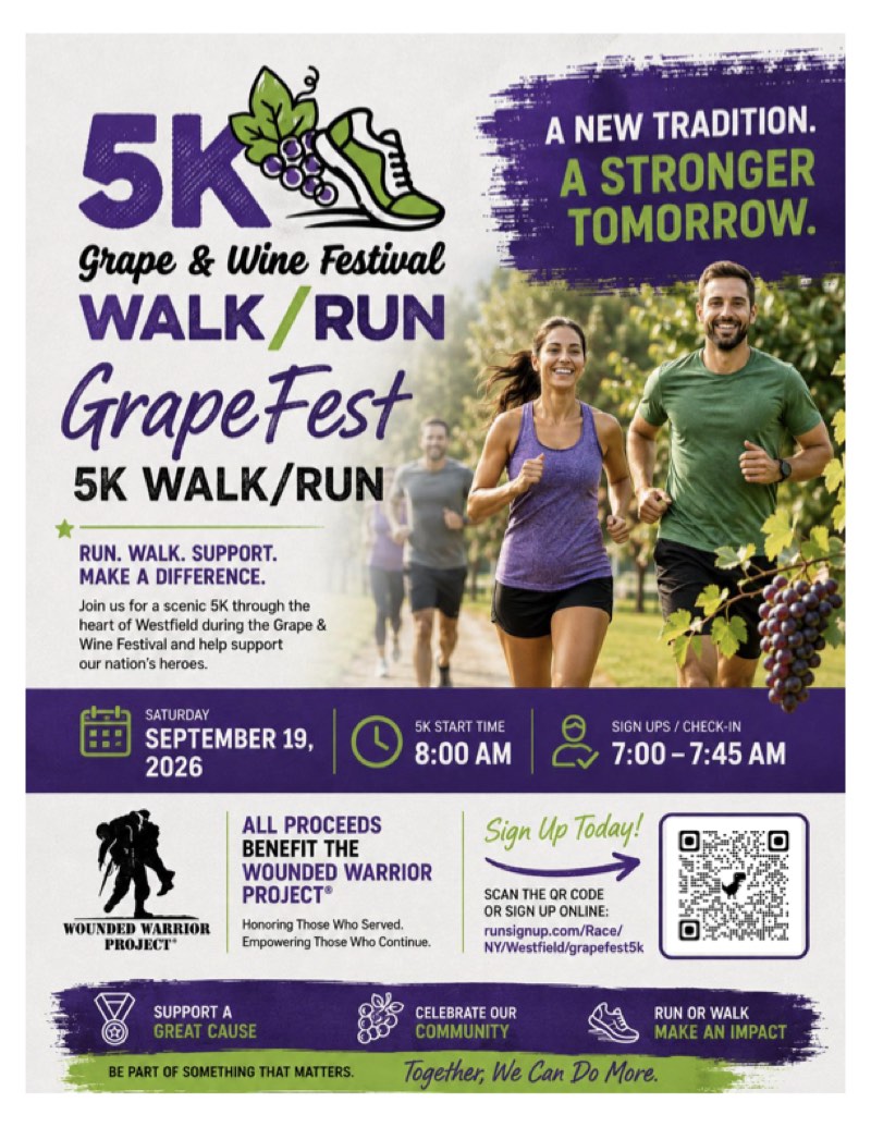GrapeFest 5K Walk/Run poster - Saturday September 19, 2026, 8:00 AM start, benefiting the Wounded Warrior Project